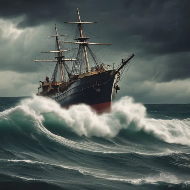 An image of an anchored ship braving stormy seas with the caption: 