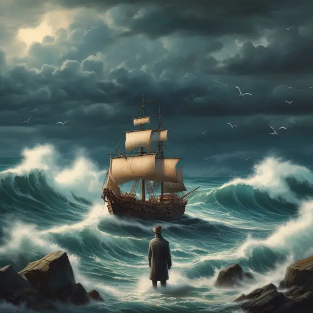 An image of a shielded pension fund resting peacefully on a rocky shore, with GICs depicted as anchors in a turbulent sea of financial markets