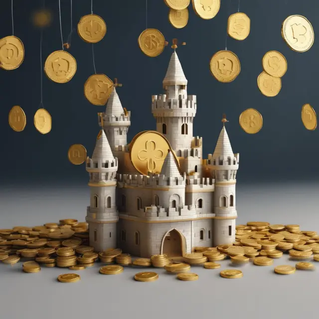 An insurance castle standing tall, adorned by golden coins interwoven with Guaranteed Investment Contracts