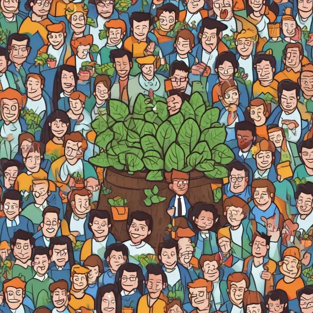 Marketer hiding behind a tree, spreading ideas as leaves on the wind to curious onlookers