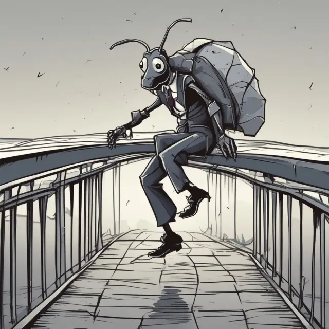 An ant carrying a large business suit traverses a bridge of social media platforms, representing the tenacity and effectiveness of small-business guerrilla marketing