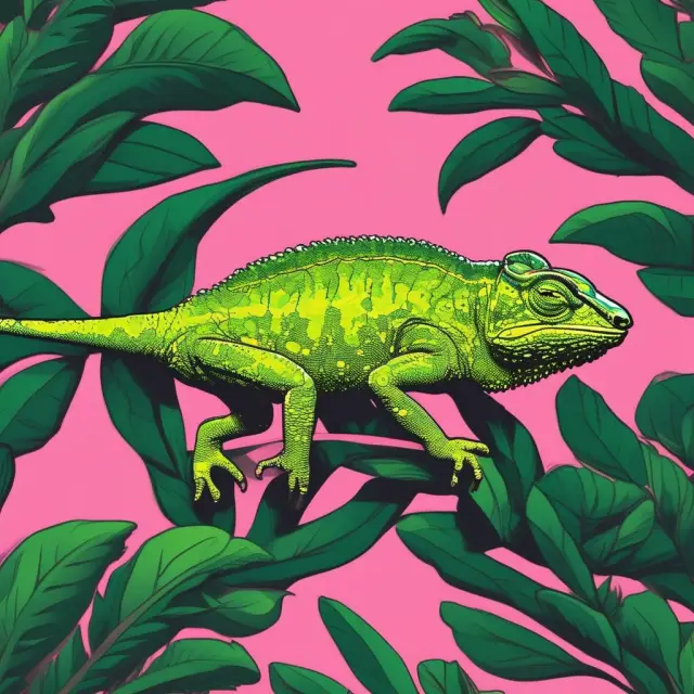 Stealth marketing: A chameleon camouflages as digital foliage, symbolizing subtle product promotion