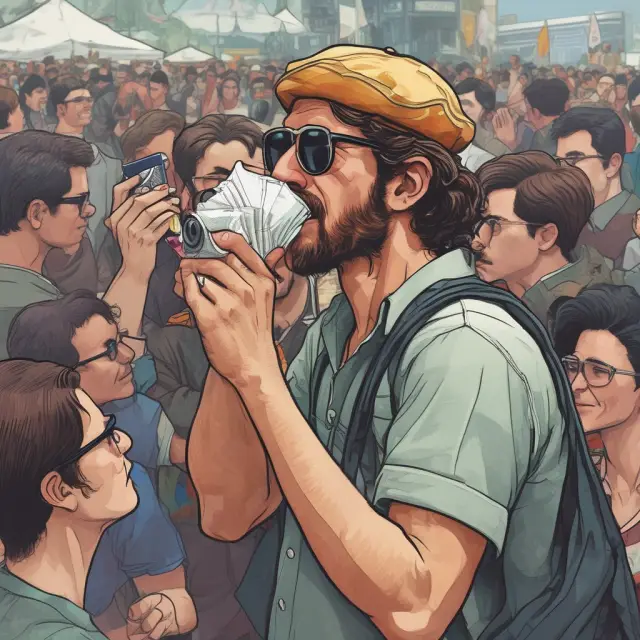Guerrilla marketer concealed among festival attendees, plotting successful ambush campaign