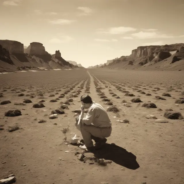 A guerrilla marketer sowing seeds symbolizing cost savings and creative freedom in an open, fertile field
