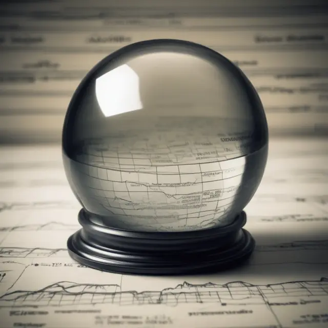An oracle with a crystal ball in a stock market setting, influencing price fluctuations through accurate earnings guidance