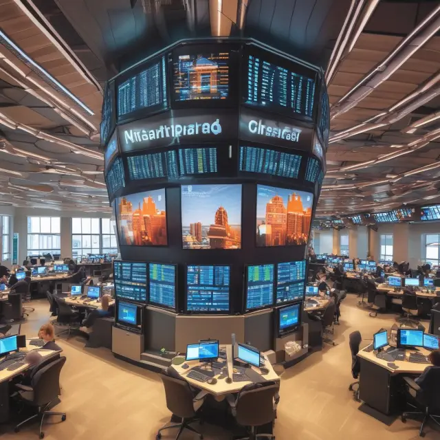 Dutch shares transforming into Guilder Shares on a bustling international trading floor, symbolizing the historical process of opening Dutch companies to U.S. investors