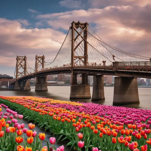 A golden bridge symbolizing Guilder Shares connects Dutch tulips with American stock market investors at the NYSE
