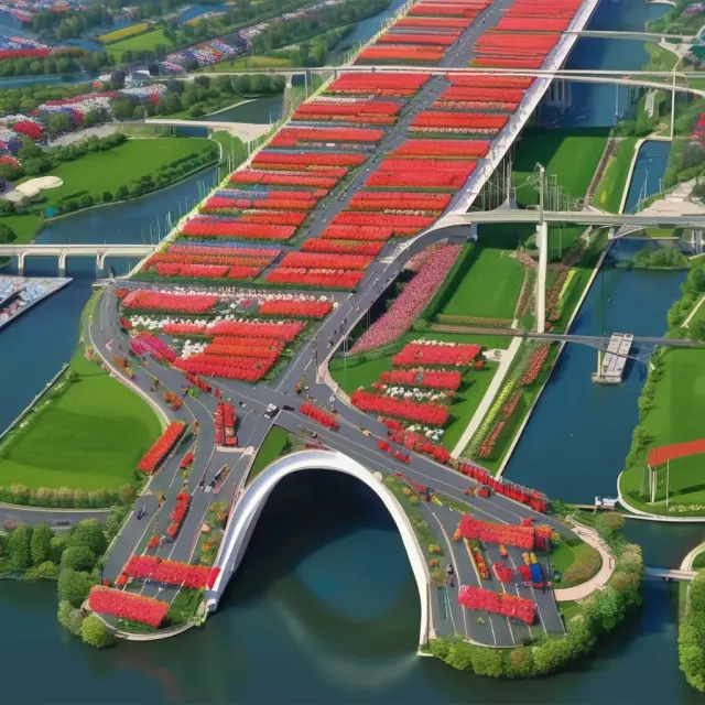 A bridge made of tulips and ADRs connects Dutch firms to American investors, representing financial growth and collaboration