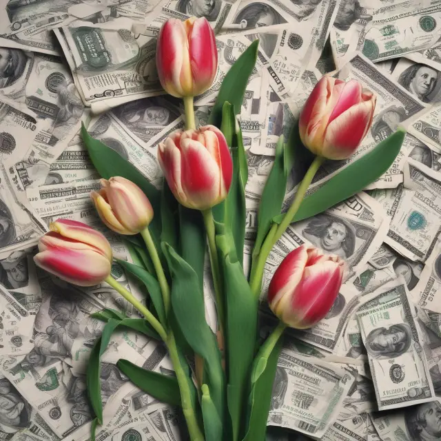 A tulip field symbolizing Dutch companies and a New York Stock Exchange ticker, illustrating the transition from Guilder Shares to American Depository Receipts (ADRs)