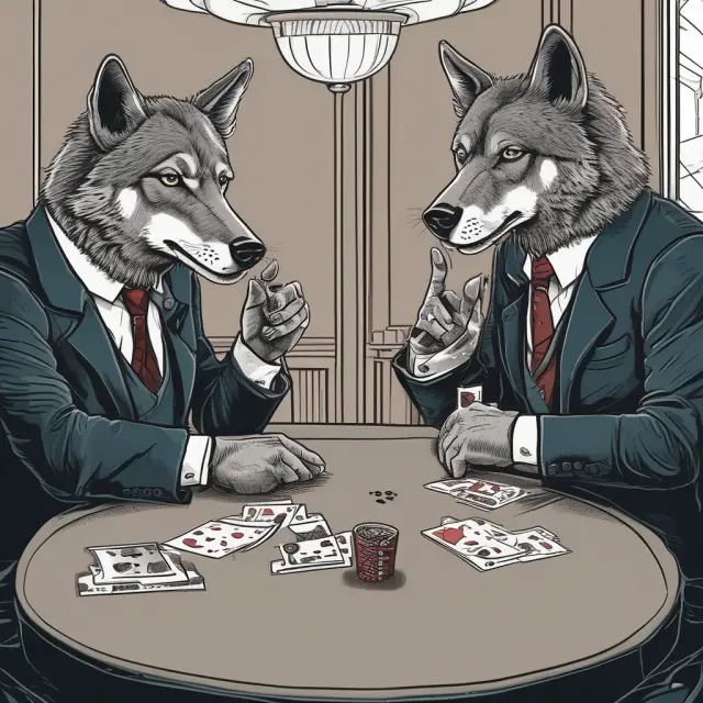 Two wolves in suits clandestinely playing poker over an invisible deck, representing unethical gun jumping practices in the stock market