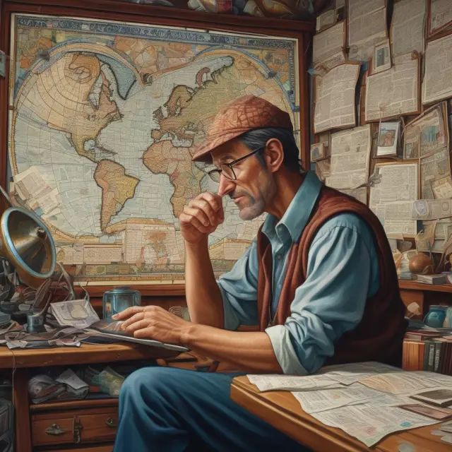 An artist creating a stock market mosaic with publicly available information, supplemented by industry scuttlebutt from a ship