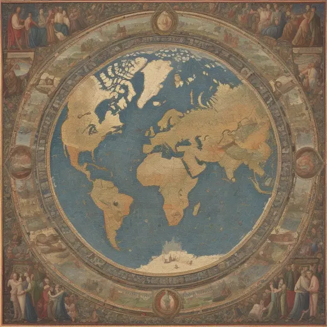 Mosaic depicting intertwining political ideologies forming the foundation for economic theory, inspired by Gunnar Myrdal