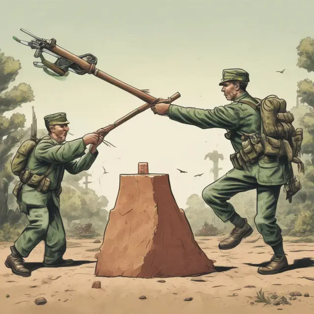 A see-saw illustrating the guns-and-butter tradeoff between military spending and domestic production.