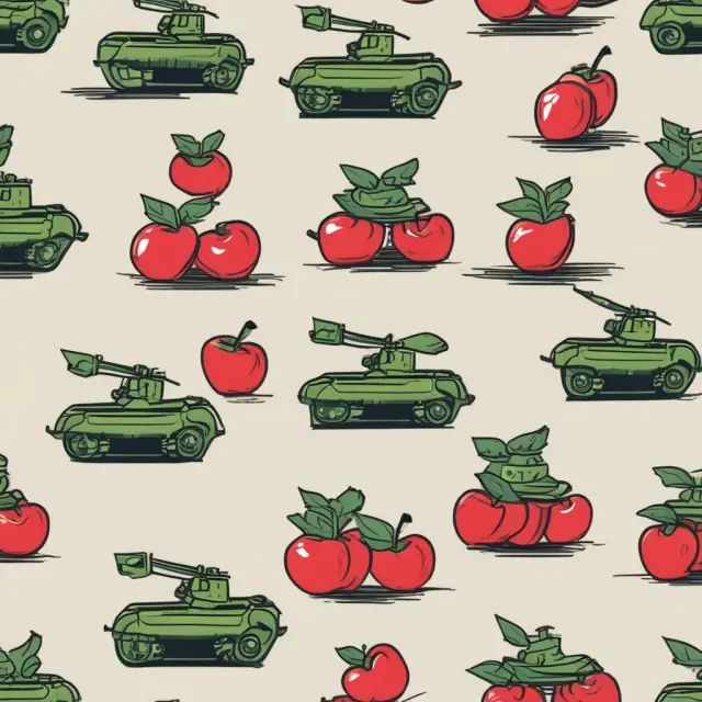 Sawtooth-shaped image of a balance scale comparing military resources and apples as fruits signifying essential services