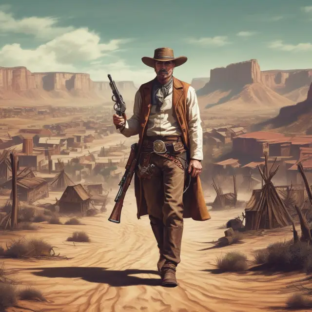 A gunslinger stands on the edge of a volatile financial market landscape, holding a pistol that represents quick investment decisions and high risks.