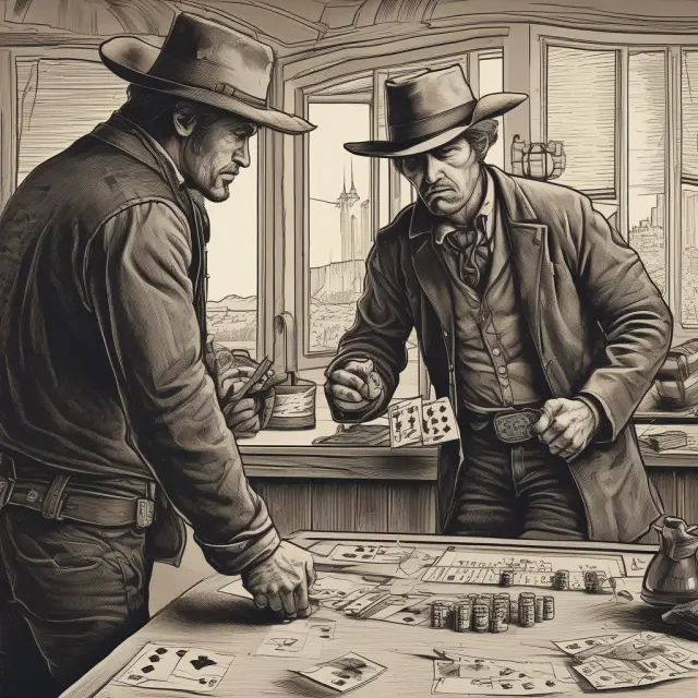 A gunslinger cowboy, representing aggressive investors, and a value investor, symbolizing long-term investors, play a high-stakes poker game with stocks as chips.
