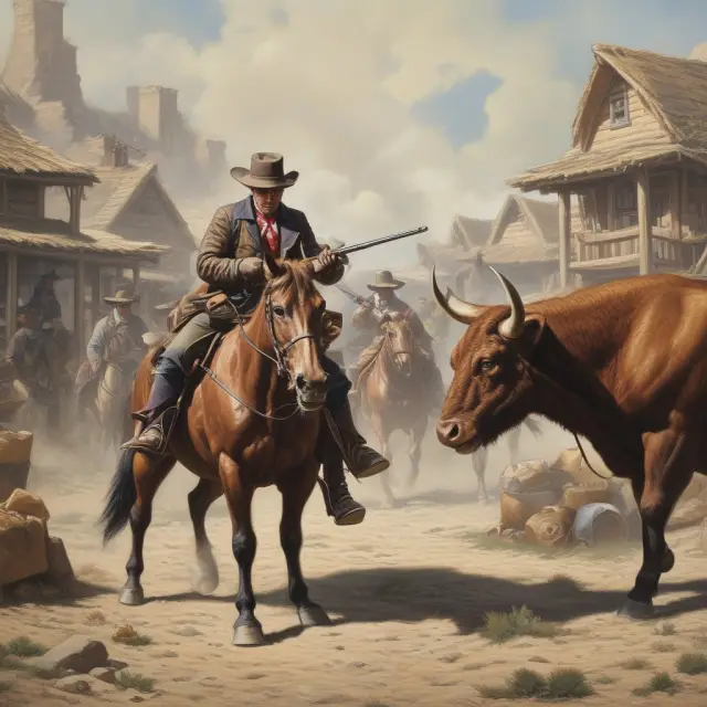 An historical gunslinger balancing a pistol between bull and bear markets, symbolizing the risk-reward dilemma of aggressive investment strategies.