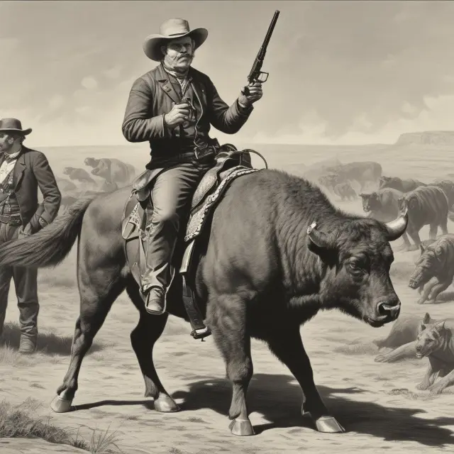 Two gunslingers, one in a bull market scenario and another in a bear market scenario, represented by different landscapes and stock market graphs
