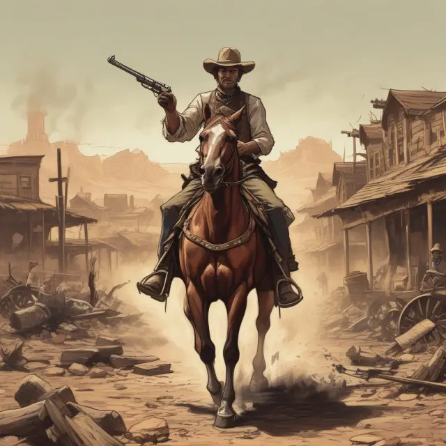 A gunslinger on horseback navigates chaotic stock charts in a Wild West scene, symbolizing aggressive investment strategies amidst volatile markets