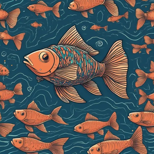 A guppy fish swimming against a dynamic sea of interwoven moving average lines, demonstrating adaptive trading strategies