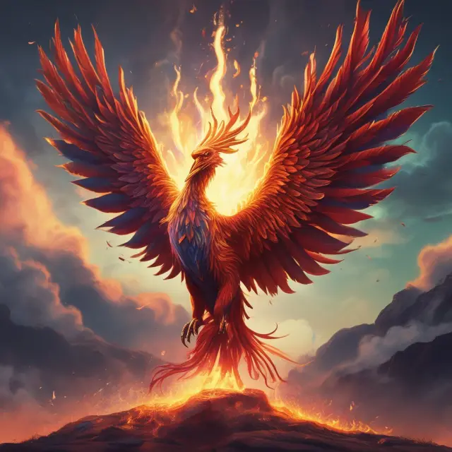 An ethereum phoenix emerging from the flames, illustrating the network