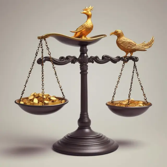 Gold coins and precious stones on a balance scale with a phoenix rising, illustrating crypto diversification strategies reducing risk while capitalizing on potential rewards