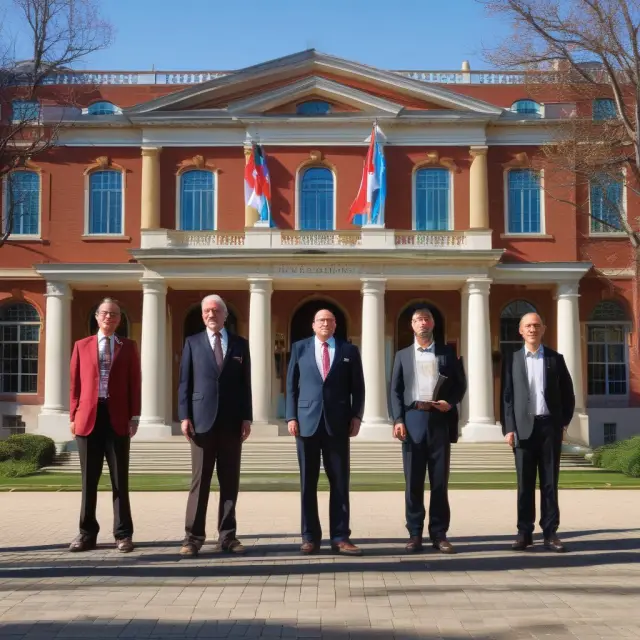 Seven Nobel laureates represented by glowing wreaths amidst a lively campus environment
