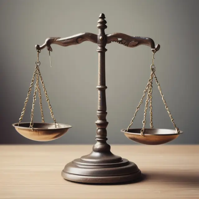 An image of a balance scale where the pan holding real estate titles is balanced by two pans filled with benefits and risks of habendum clauses in real estate transactions.