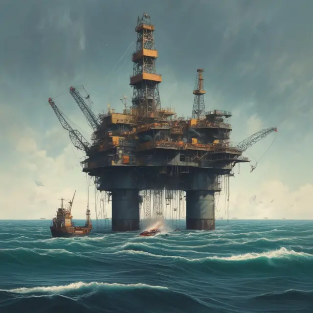 An oil rig sailing amidst a body of water filled with various habendum clauses, representing the negotiation process for favorable terms in oil and gas contracts