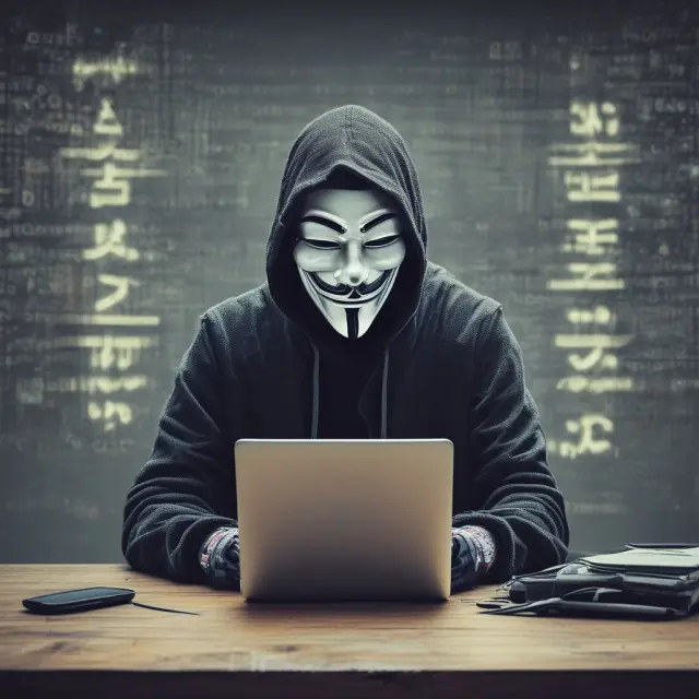 A masked Anonymous figure hacking into a digital fortress to spread awareness or make statements on issues.