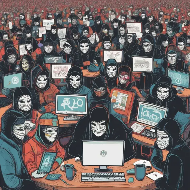 Masked hacktivists working together on laptops, representing various groups and causes. Digital ripples symbolize their impact on targeted organizations or governments.
