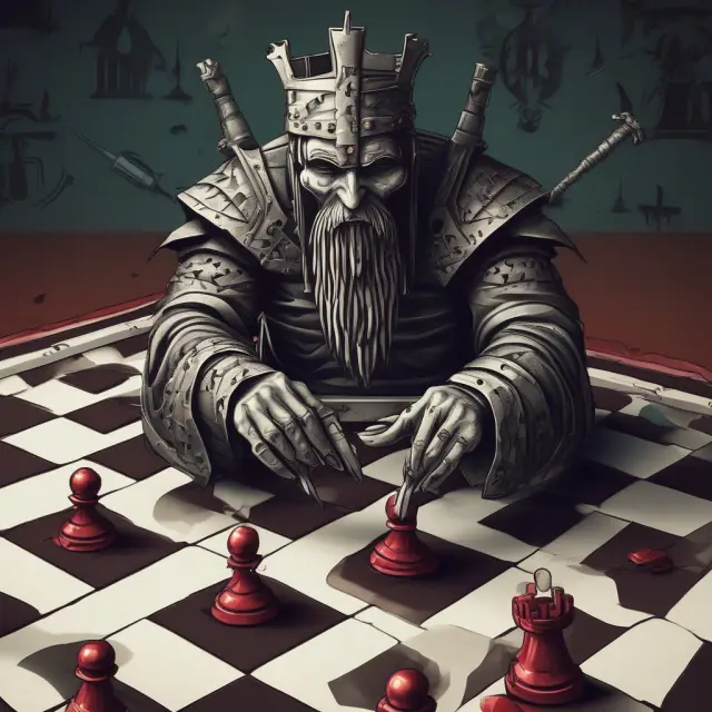 Metaphorical cyber chessboard depicting hacktivist tools: Doxing, viruses, encryption, data theft, and website defacement