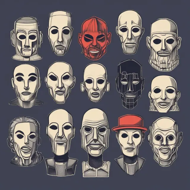 An array of symbolic masks representing Anonymous, Legion of Doom (LOD), Masters of Deception (MOD), and Chaos Computer Club - influential hacktivist entities