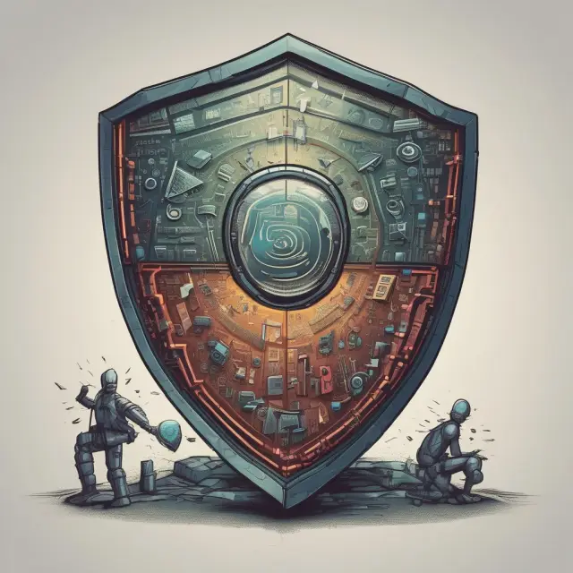 An image of a shield crafted from interconnected layers of encrypted data, defended by ethical hackers using magnifying glasses to locate and fix vulnerabilities