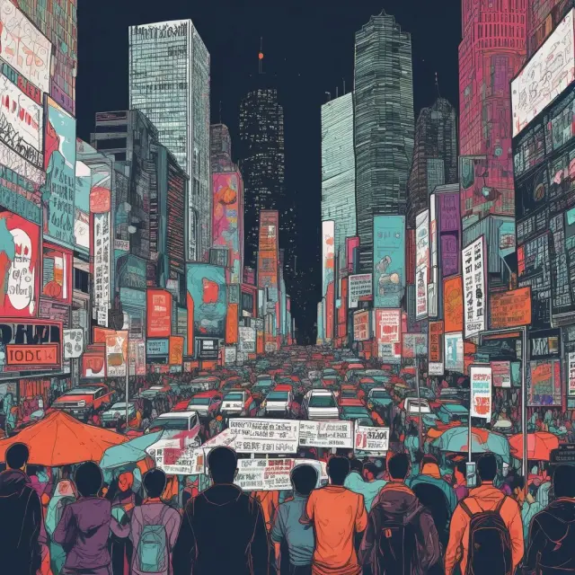 A comparison of traditional protestors transforming into digital hacktivists in a metaphorical illustration, emphasizing their overlapping objectives and techniques