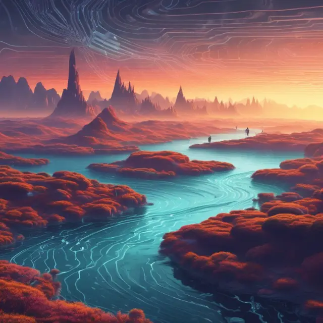 A visionary scene of hacktivists navigating a dynamic river, symbolizing future cybersecurity challenges and developments.