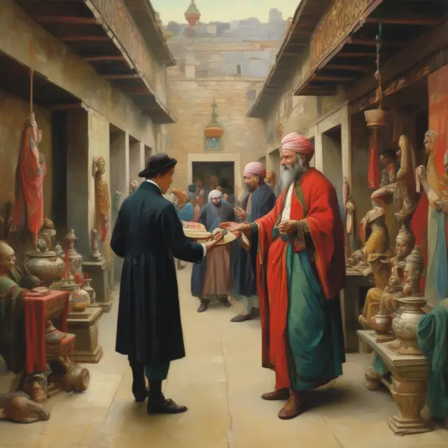 Buyer and seller engaging in haggling, symbolized by two dancers in harmony, with price tags as their dance partners