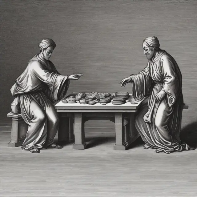 Two people engaging in a lively negotiation over money on a bargaining table.