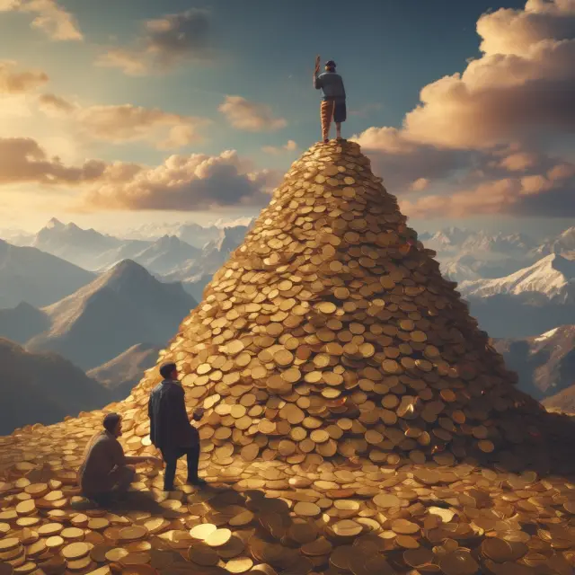 Seller and buyer negotiating on a mountain of gold coins, illustrating potential profits from haggling.