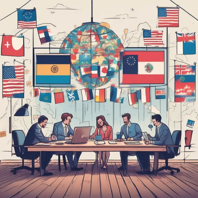 A bustling table with people from various countries haggling over digital currency in a modern marketplace