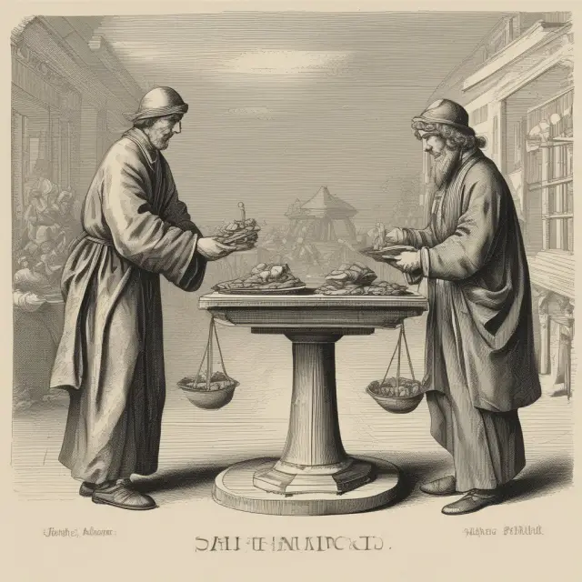 Two individuals negotiating prices at a market, ensuring ethical behavior and balance through a fair scales representation