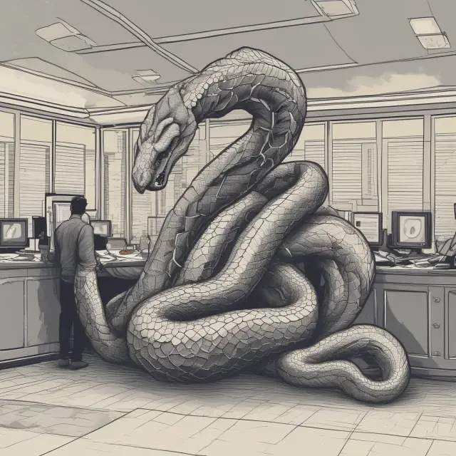 A market maker, represented as a mythical serpent with two heads, standing atop a trading floor. One head symbolizes buying and the other selling prices.