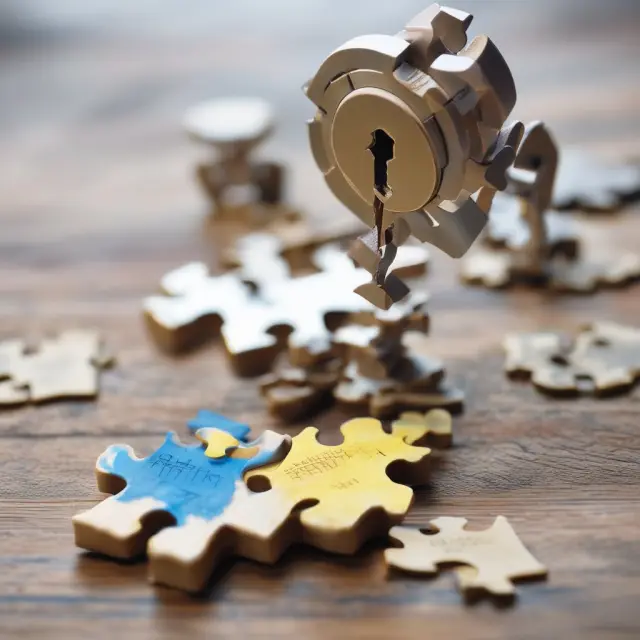 A balance scale with puzzle pieces representing revenues and expenses, while a half-year convention depreciation piece adjusts the balance accurately