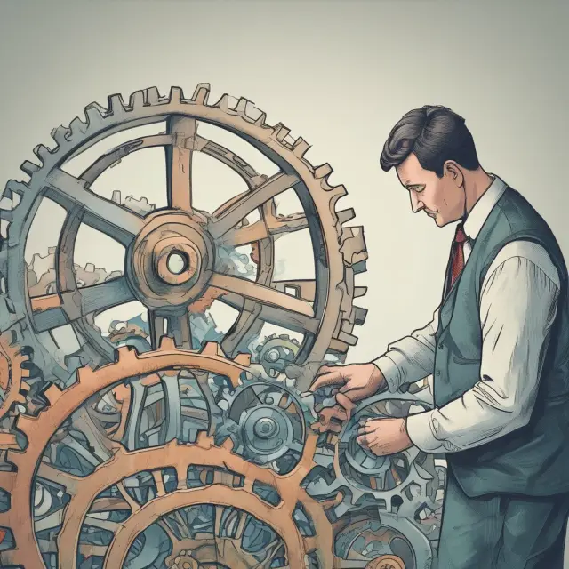 An accountant examines two gears, one labeled 