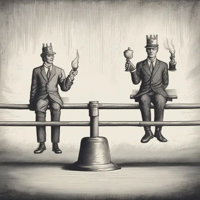 A seesaw illustrating the contrasting priorities between a common stockholder and a preferred half stockholder during company liquidation