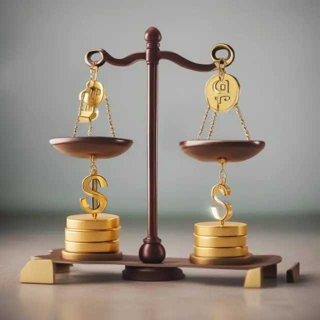 Institutional investors balancing half-golden keys, symbolizing half stocks, on a seesaw representing dividends and priorities