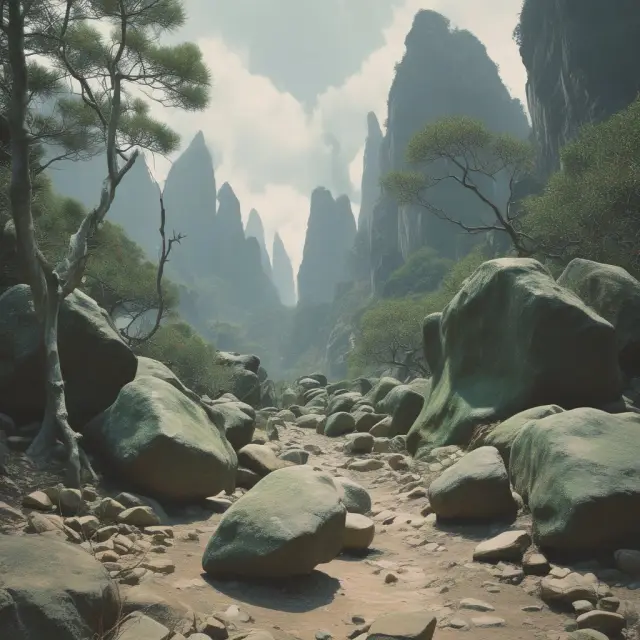 Jade boulders representing rare half stocks precariously balancing on a mountain path, illustrating the investment challenges and risks