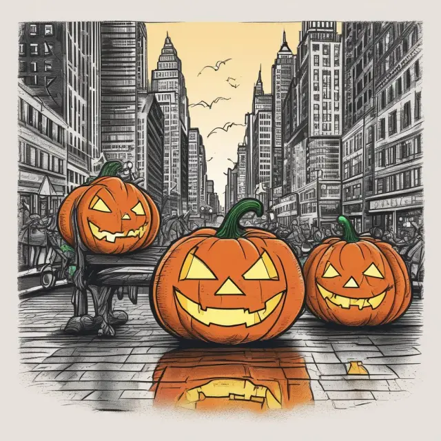A vibrant Halloween scene with lit jack-o-lanterns on Wall Street, representing the economic impact of consumer spending and its potential influence on market liquidity and stock trading