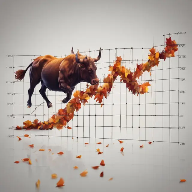 An image of autumn leaves falling onto a rising bull market graph, representing the Halloween Effect