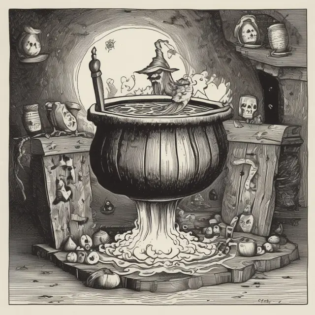 A witch stirring a large, bubbling cauldron filled with financial charts and market data, symbolizing the evaluation of the Halloween strategy in modern markets